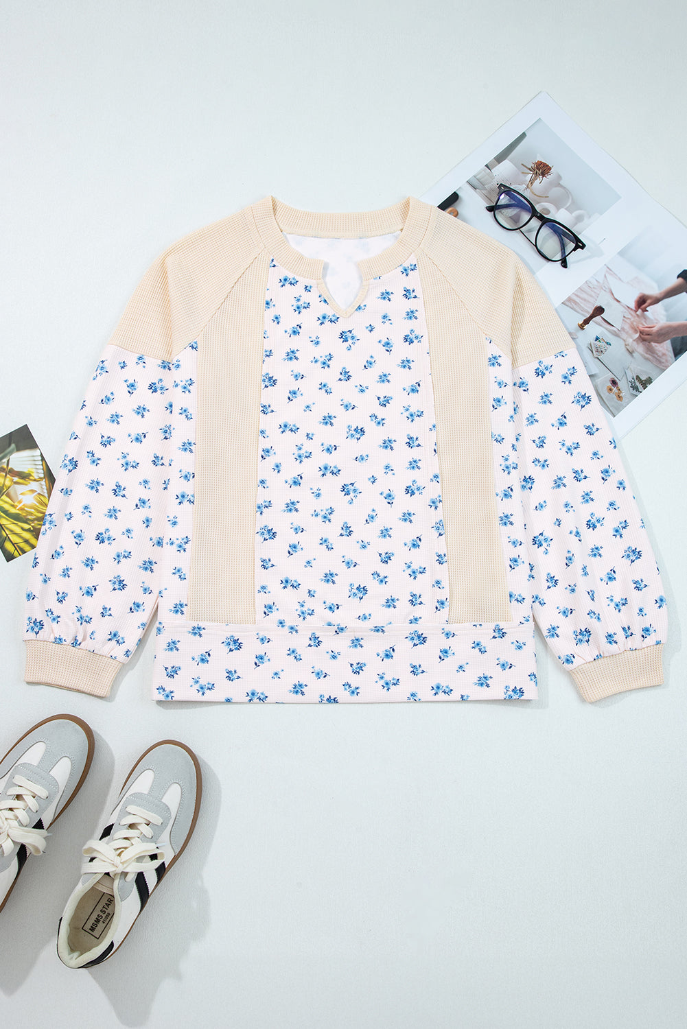 Floral Patchwork Waffle Knit Balloon Sleeve Top