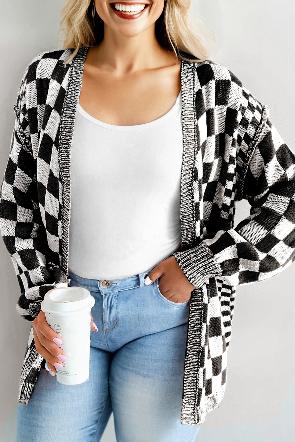 Brown Checkered Bubble Sleeve Drop Shoulder Open Cardigan