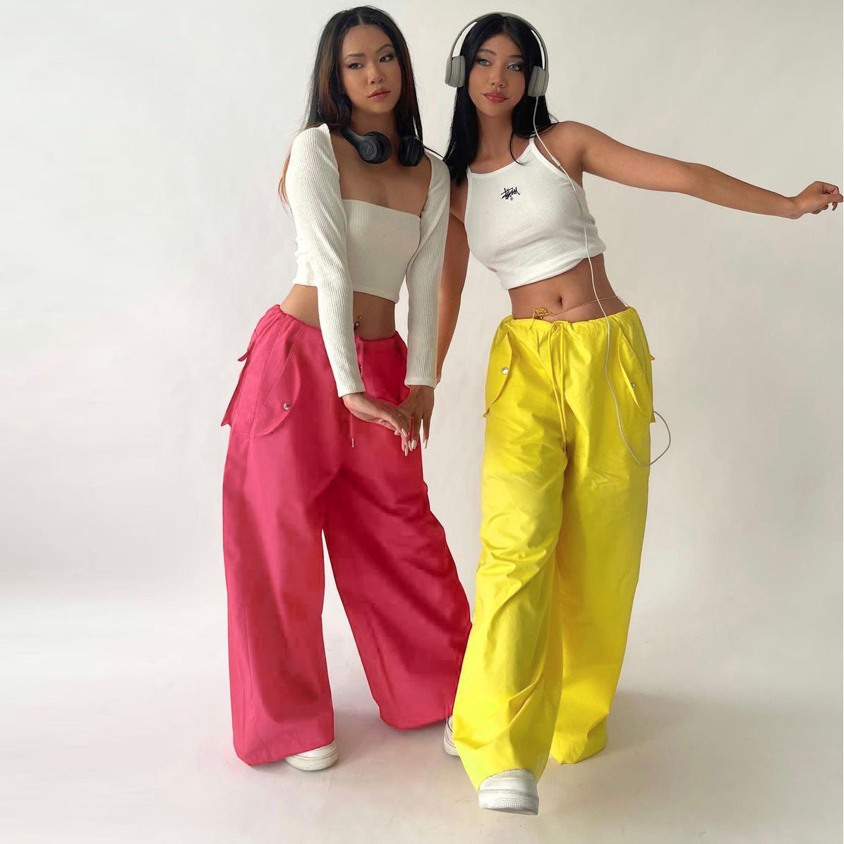 Women's High-Waist Straight-Leg Cargo Pants with Lace-Up Details
