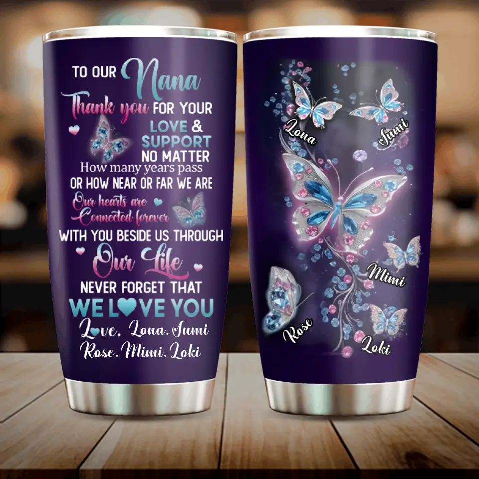 Personalized Grandma Butterfly Tumbler - Gift Idea For Grandma - Up to 5 Butterflies - To Our Nana Thank You For Your Love & Support
