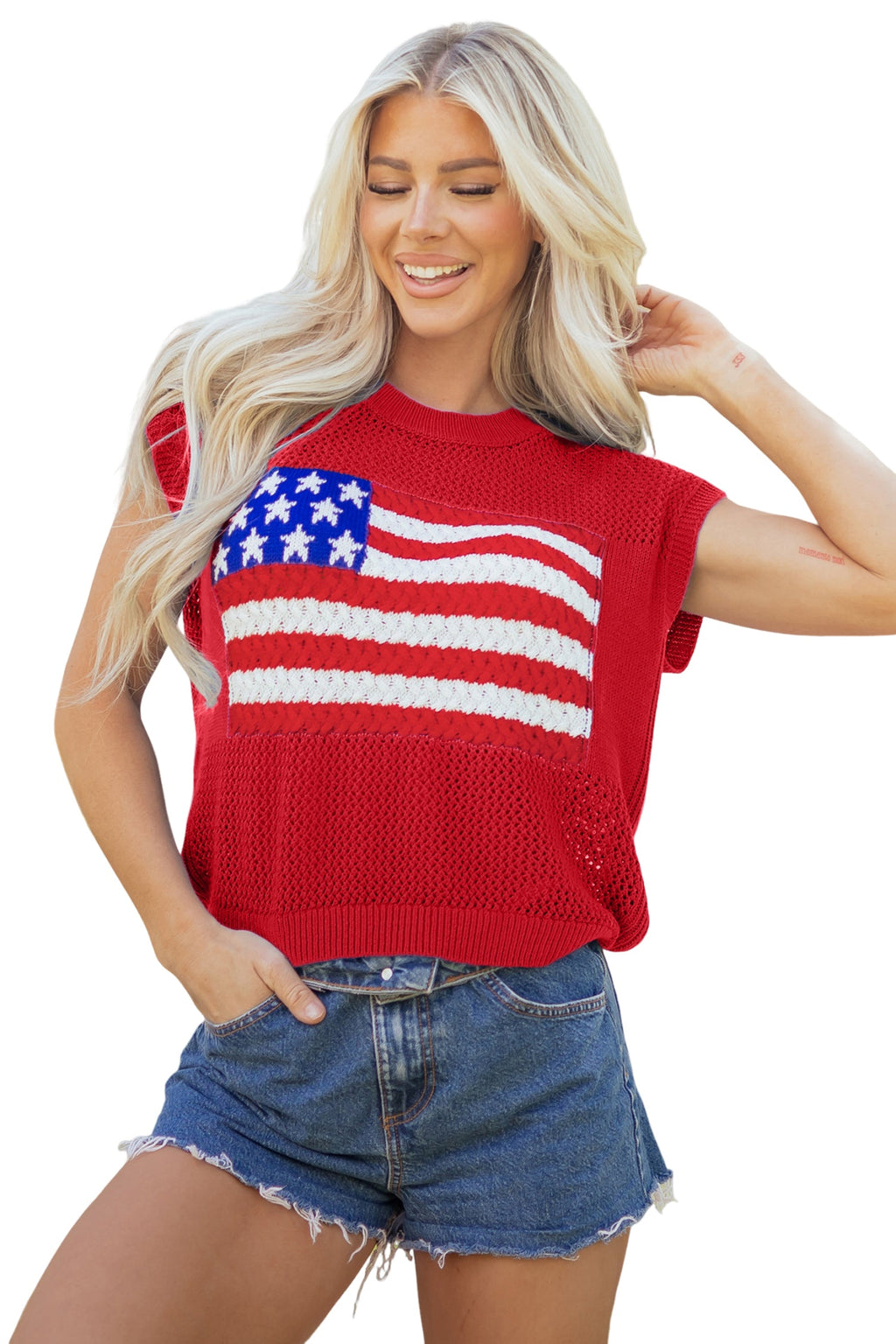 USA Flag Crochet Short Sleeve Sweater Top