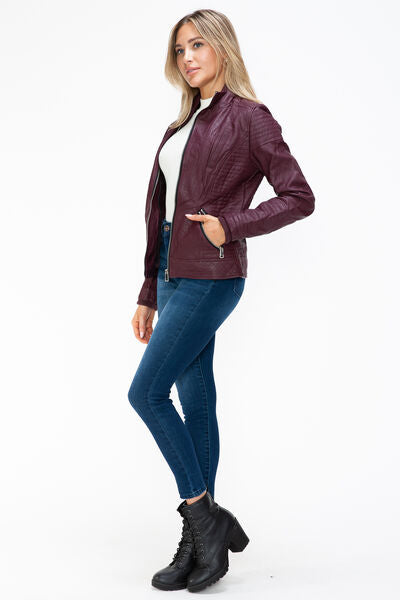 Dual-Zipper Layered Jacket with Fuzzy Hood in Burgundy and Grey