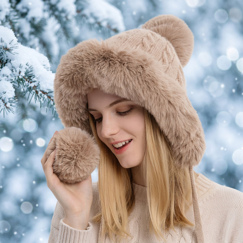 Triple Pom-Pom Fleece Knit Hat with Ear Straps