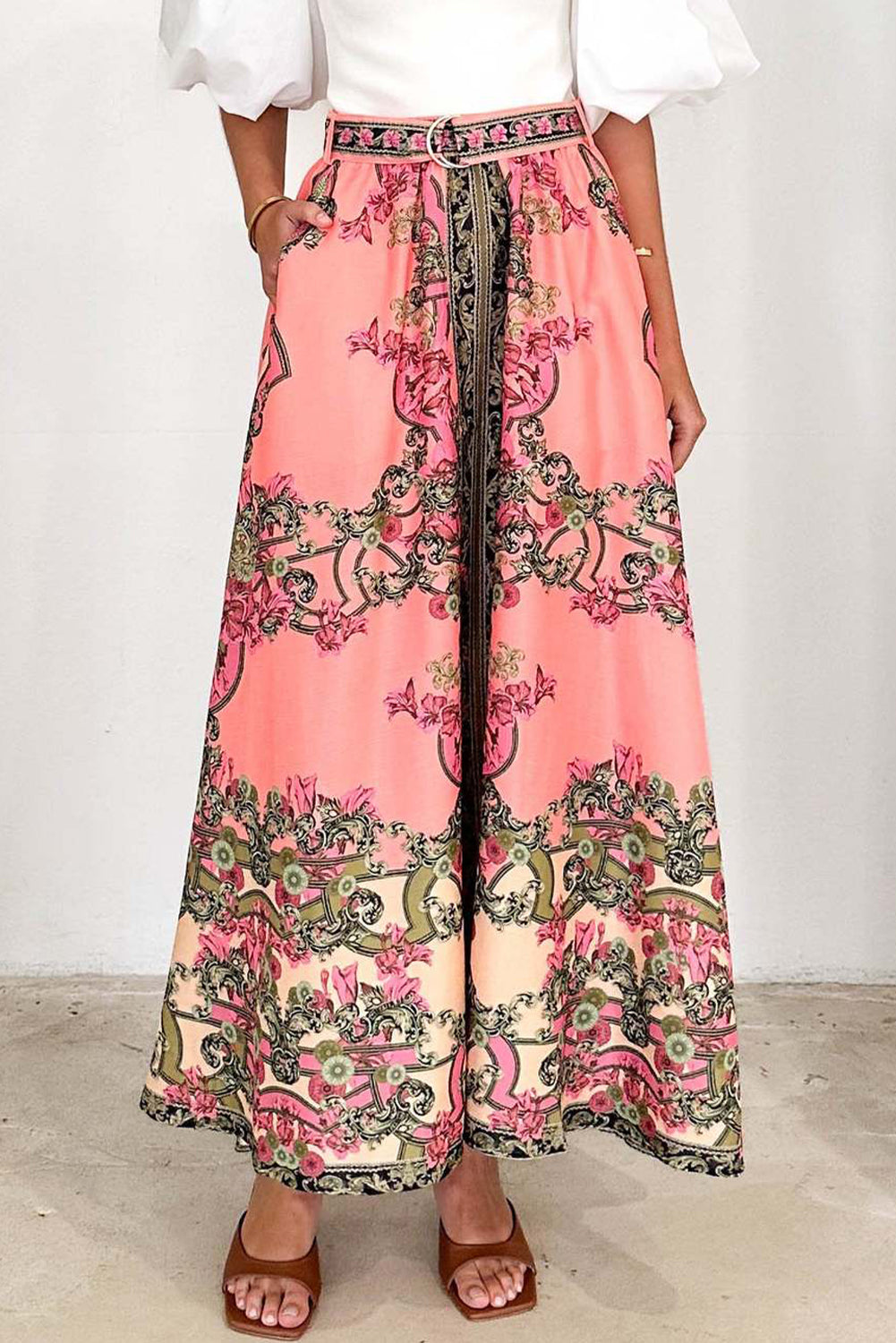 Pink Boho Abstract Print Beltd High Waist Skirt