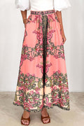 Pink Boho Abstract Print Beltd High Waist Skirt
