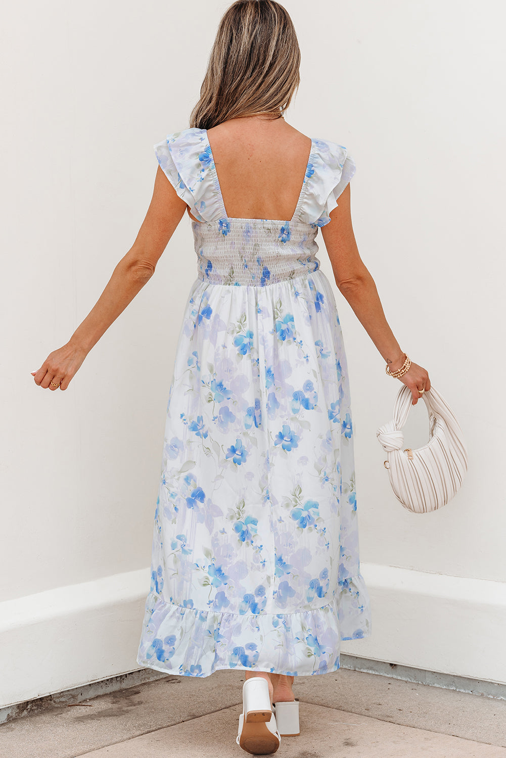 Sky Blue Floral Smocked High Waist Maxi Dress | Sleeveless