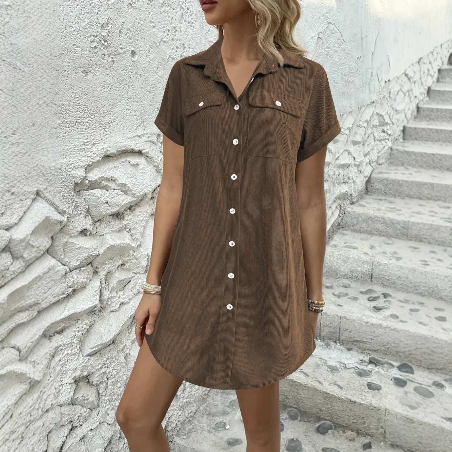 Women's Short Sleeve Corduroy Shirt Dress Casual Button Down - Image 4