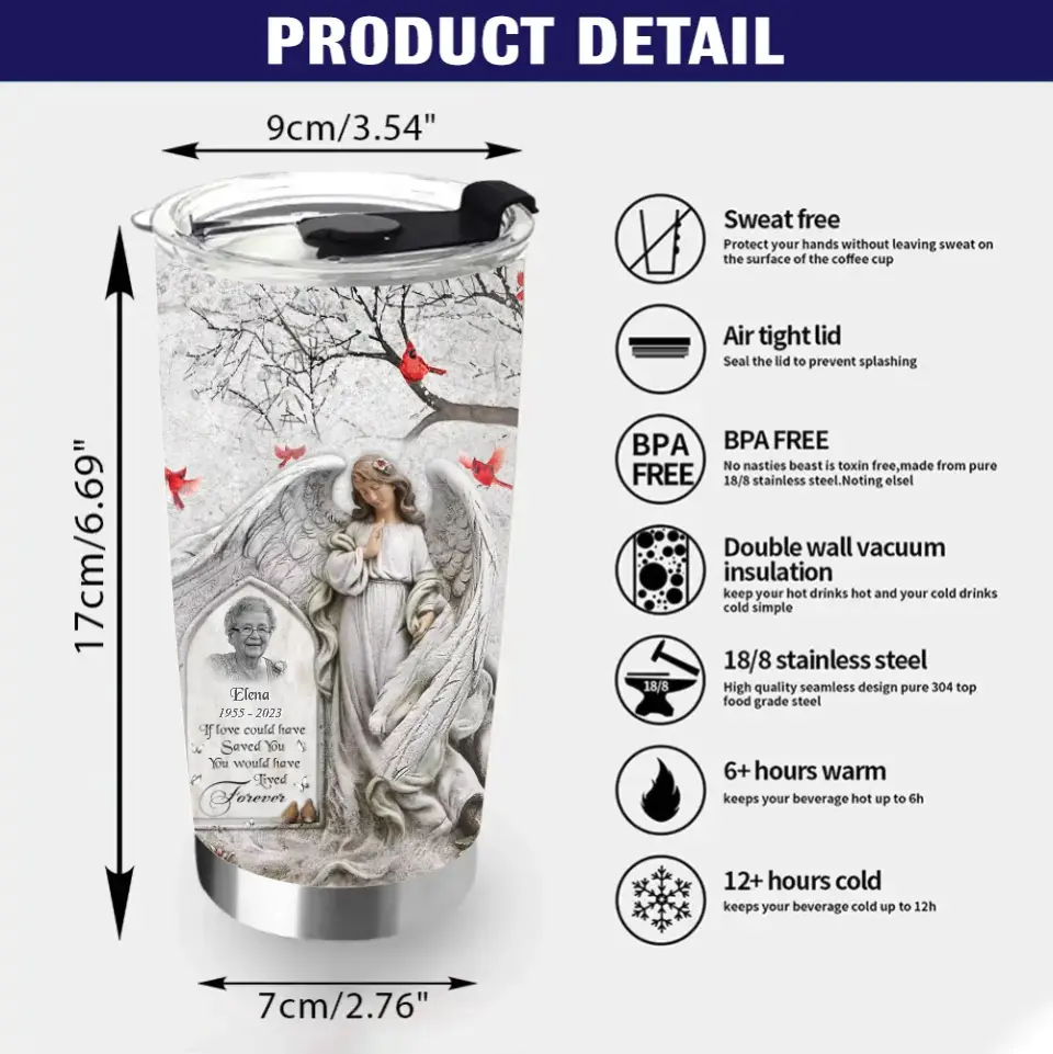 Personalized Angel Memorial Tumbler - Upload Photo - Memorial Gift Idea For Family Member - Always Loved Never Forgotten Forever Missed