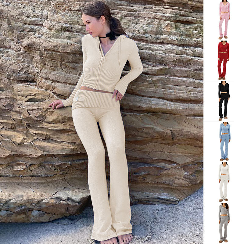 Women's Cozy Knitted 2-Piece Set - Cardigan & High-Waisted Pants