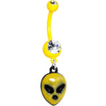 Yellow glow in the dark grumpy alien dangle belly ring with clear gem accents on curved barbell