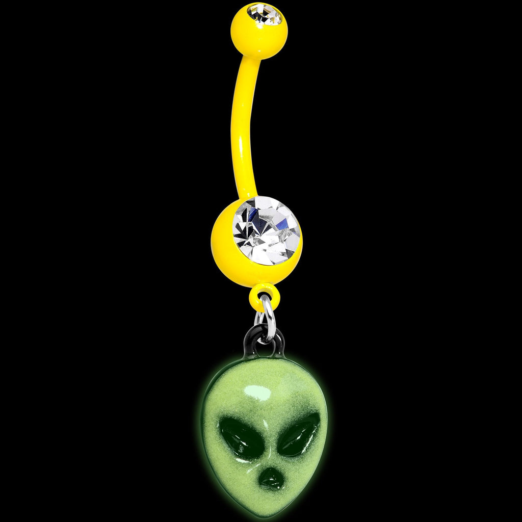 Yellow Glow in the Dark Grumpy Alien Dangle Navel Belly Ring - Image 2