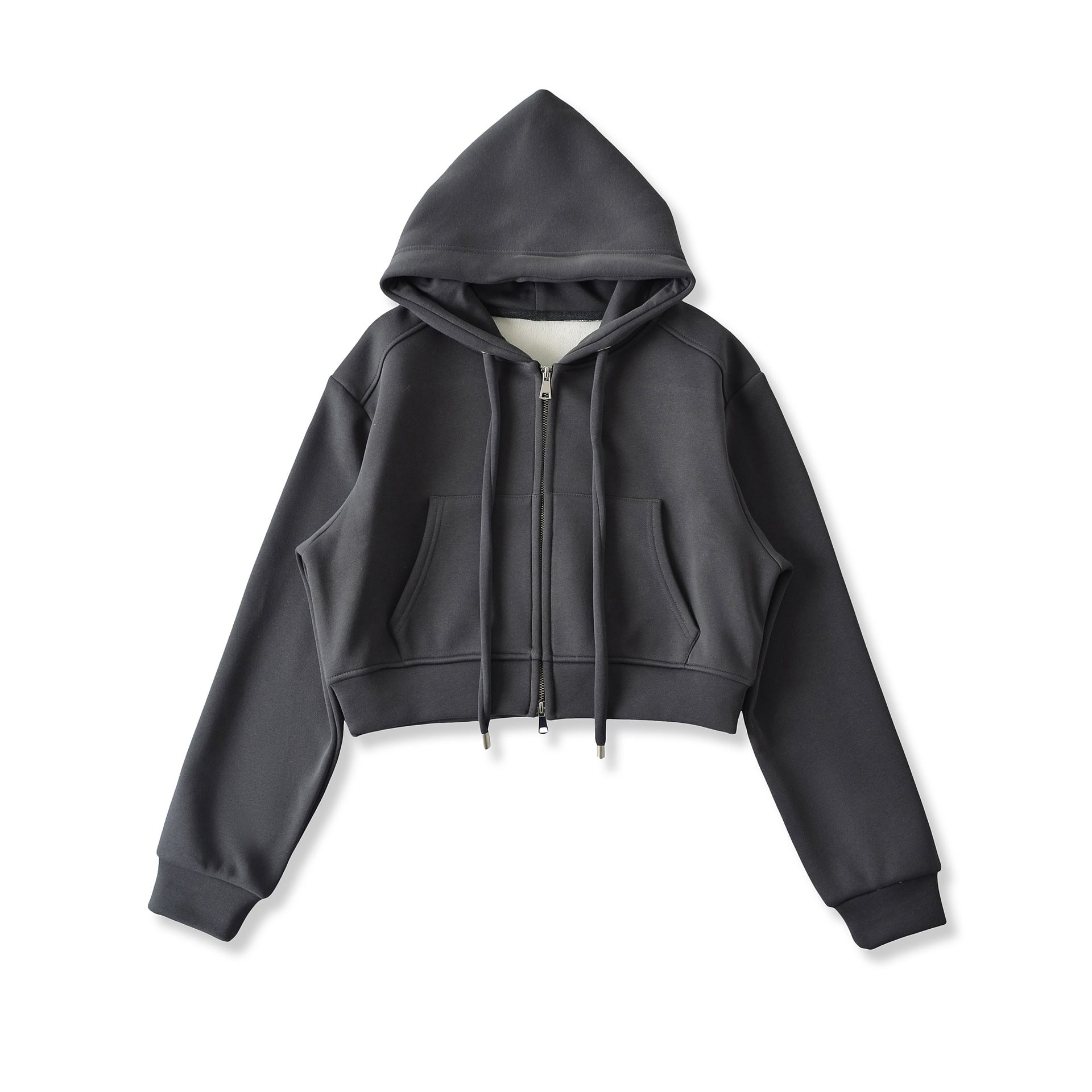 Velvet Cropped Zip-Up Hoodie Sweatshirt with Drawstring - Image 8