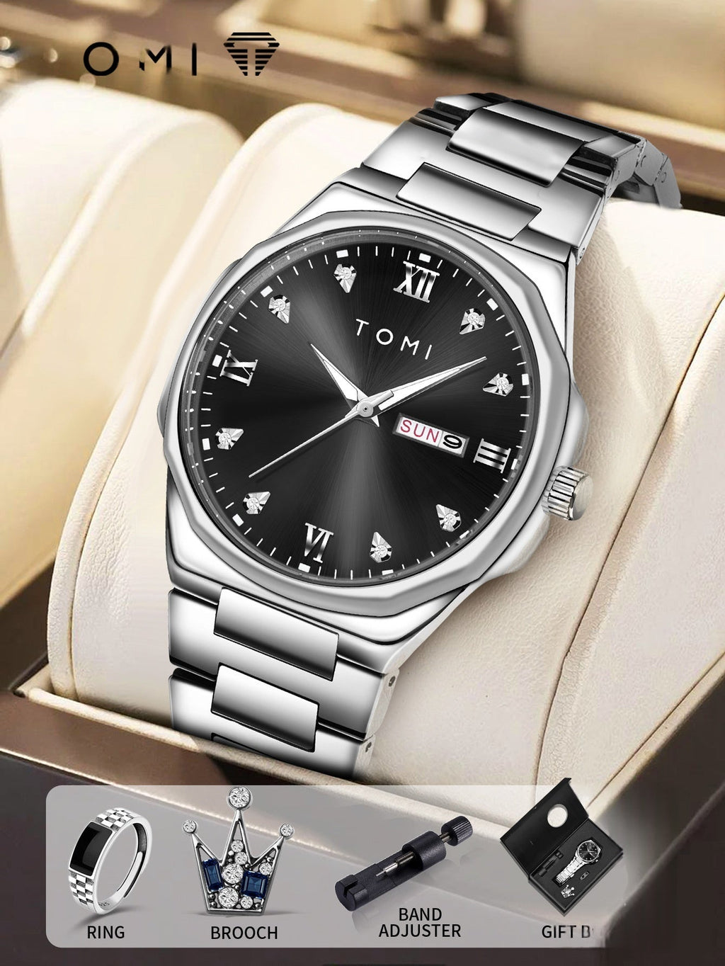 Simple Diamond Encrusted Quartz Watch with Stainless Steel Strap