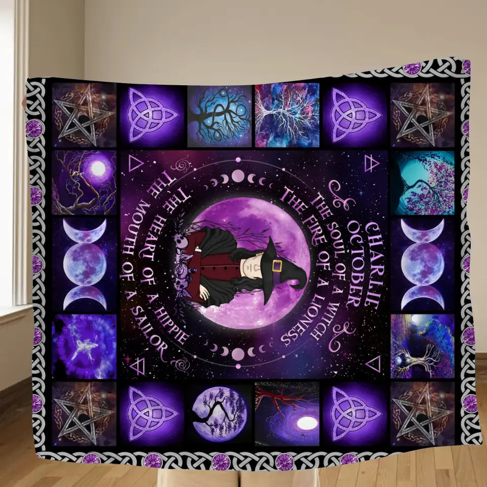 Personalized Witch Male Fleece Throw Blanket & Quilt - Halloween Gift Idea For Witch Lovers - October The Fire Of A Lioness