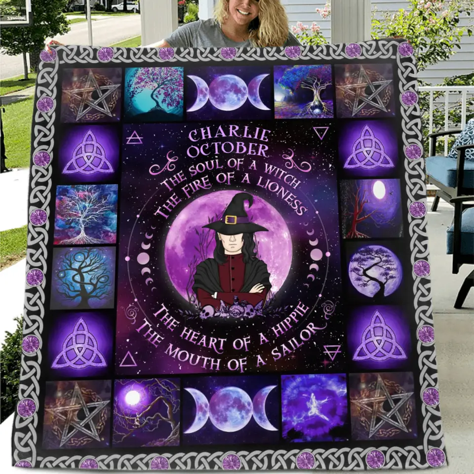 Personalized Witch Male Fleece Throw Blanket & Quilt - Halloween Gift Idea For Witch Lovers - October The Fire Of A Lioness