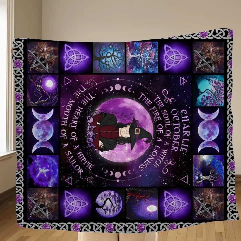 Personalized Witch Male Fleece Throw Blanket & Quilt - Halloween Gift Idea For Witch Lovers - October The Fire Of A Lioness