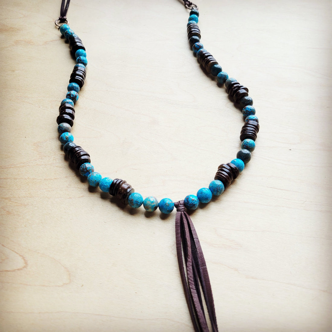 **Ocean Agate Necklace with Wood Beads and Leather Tassel 260b