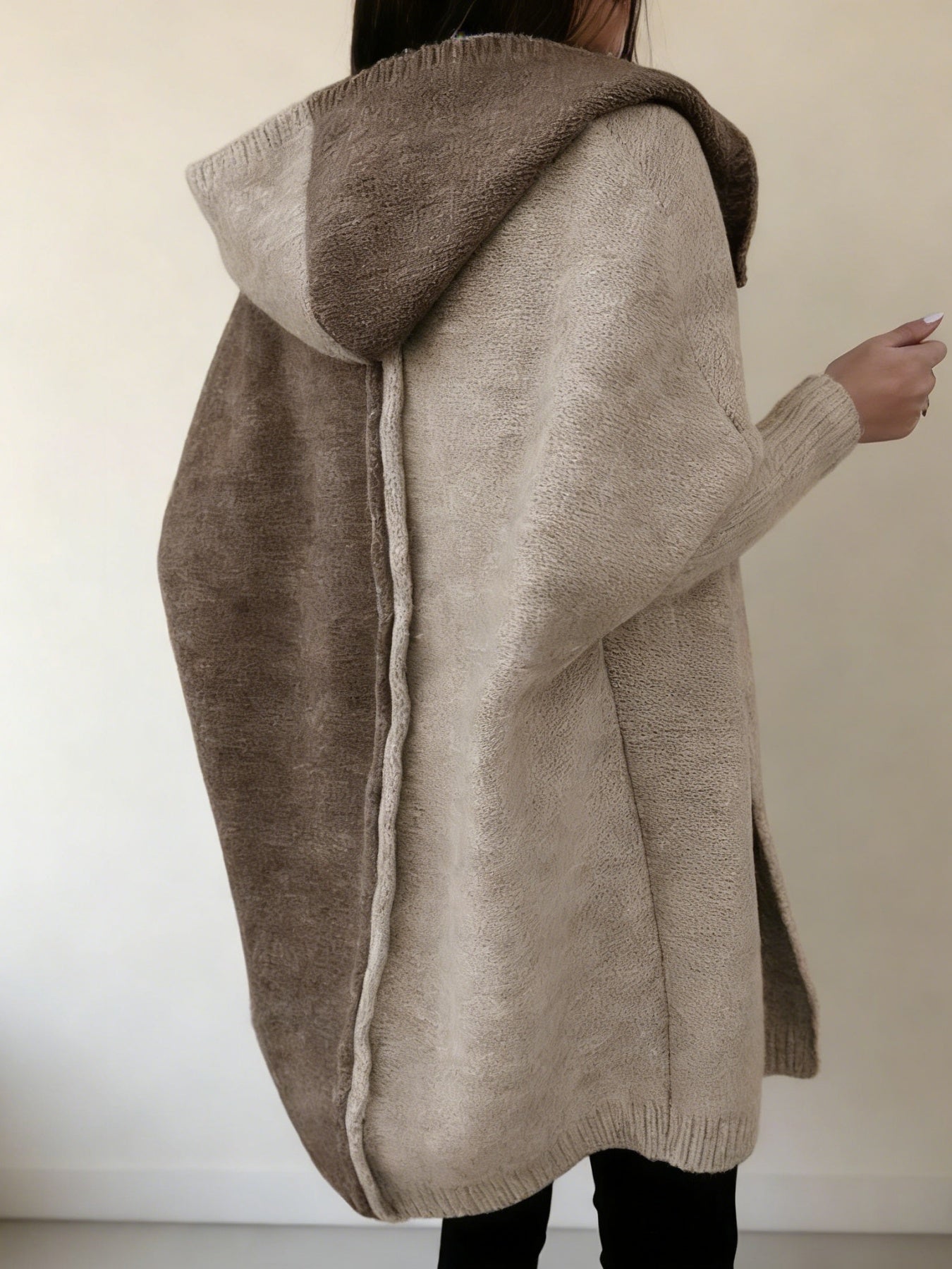 Women’s Color Block Hooded Knitted Cardigan – Plus Size Mid-Length Sweater Coat