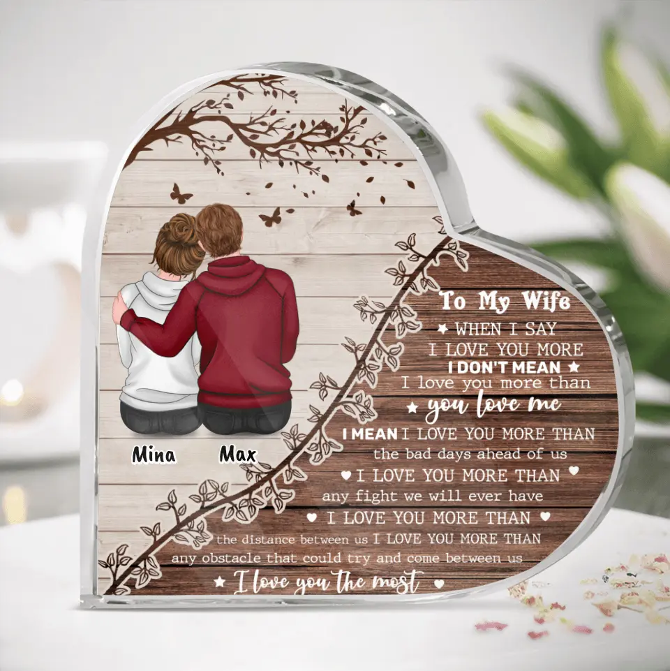 Personalized Half Wood Texture Couple Sitting Back View Acrylic Plaque - Gift For Couple - To My Wife