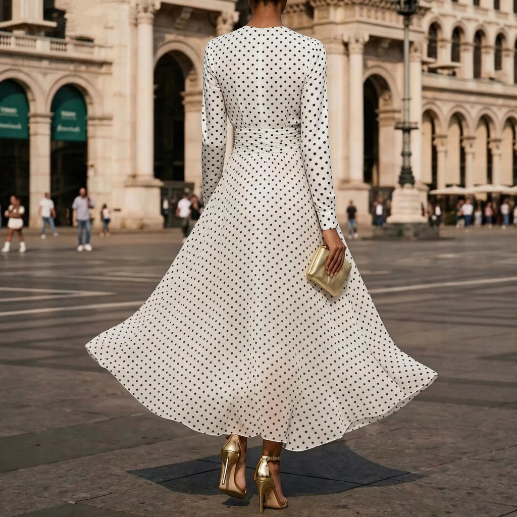 Polka Dot Sheath Dress Round Neck Long Sleeve Office Dress