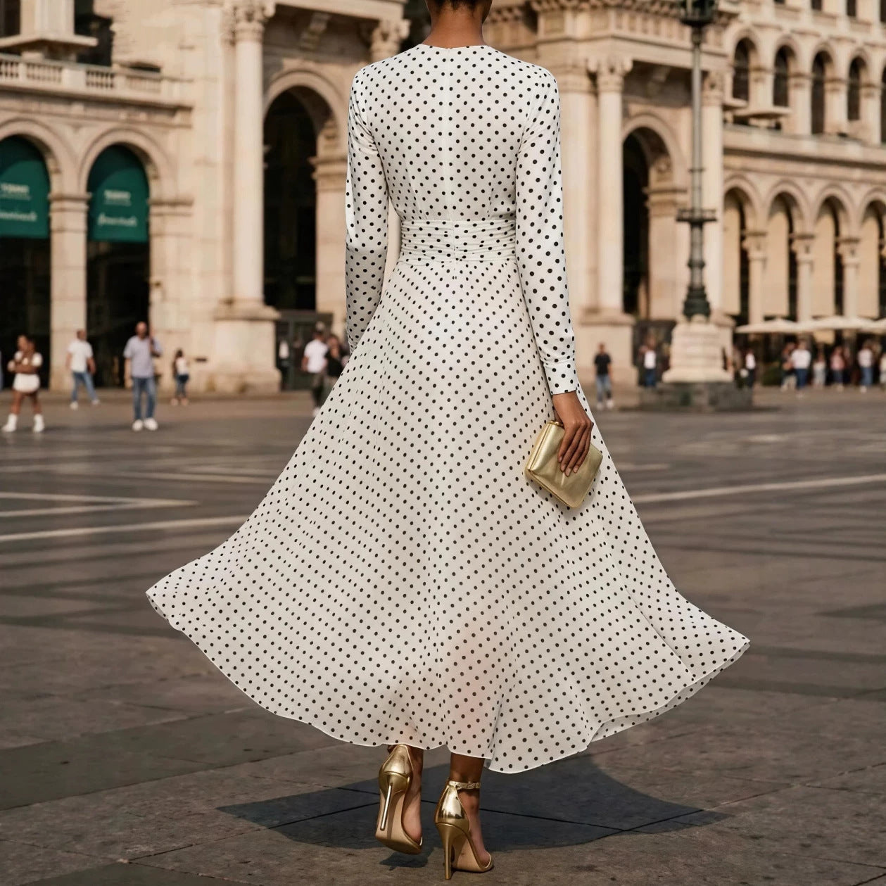 Polka Dot Sheath Dress Round Neck Long Sleeve Office Dress