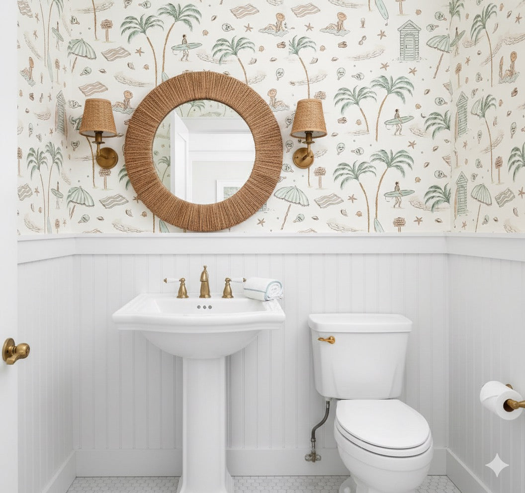 Reef coastal wallpaper featuring sage-green, tan, and pastel-pink colors