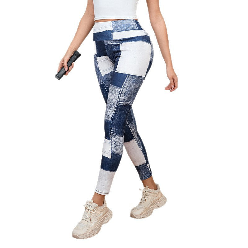 High-Waisted Denim-Look Plaid Peach Print Slim Fit Yoga Pants