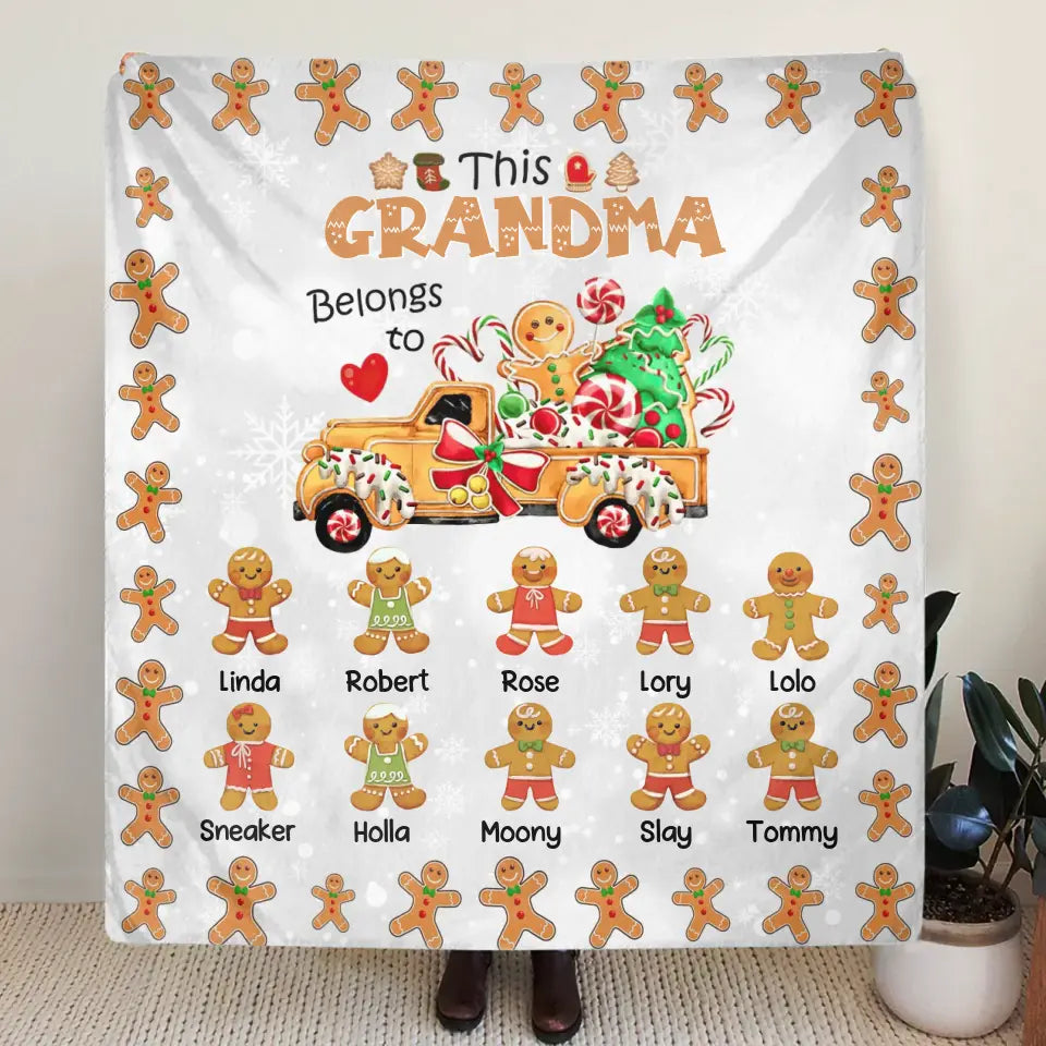 Personalized Christmas Gingerbread Grandma Quilt/Fleece Throw Blanket - Up to 10 Grandkids - Christmas Gift Idea For Grandma - This Grandma Belongs To