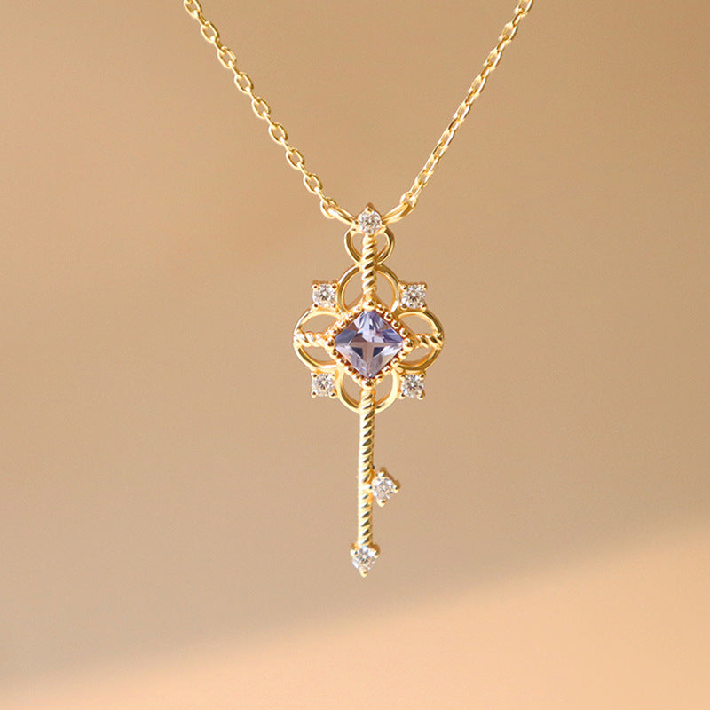 S925 Sterling Silver Roman Purple Key Pendant Necklace