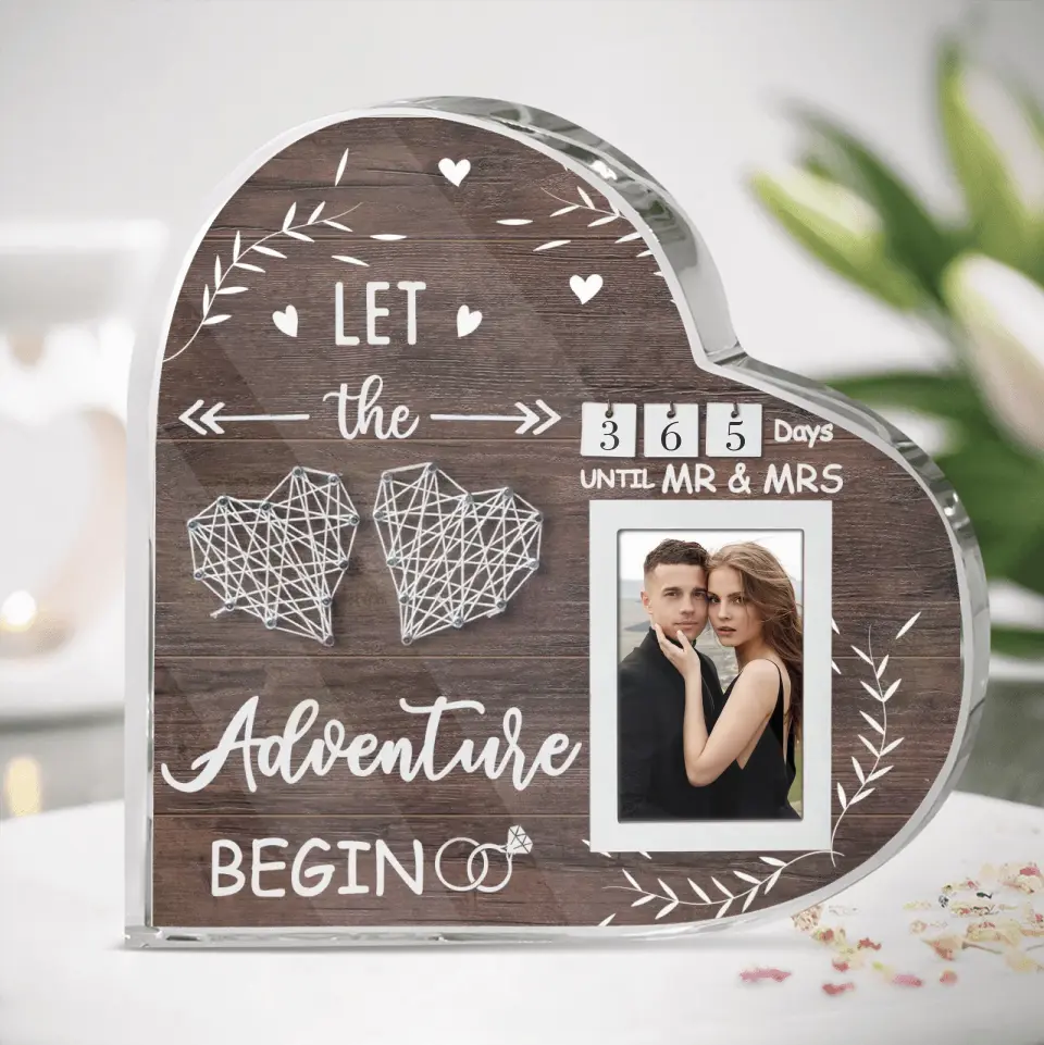 Personalized Wedding Countdown Calendar Crystal Heart - Upload Photo - Engagement Gifts For Couples Newly Engaged - Let's The Adventure Begin