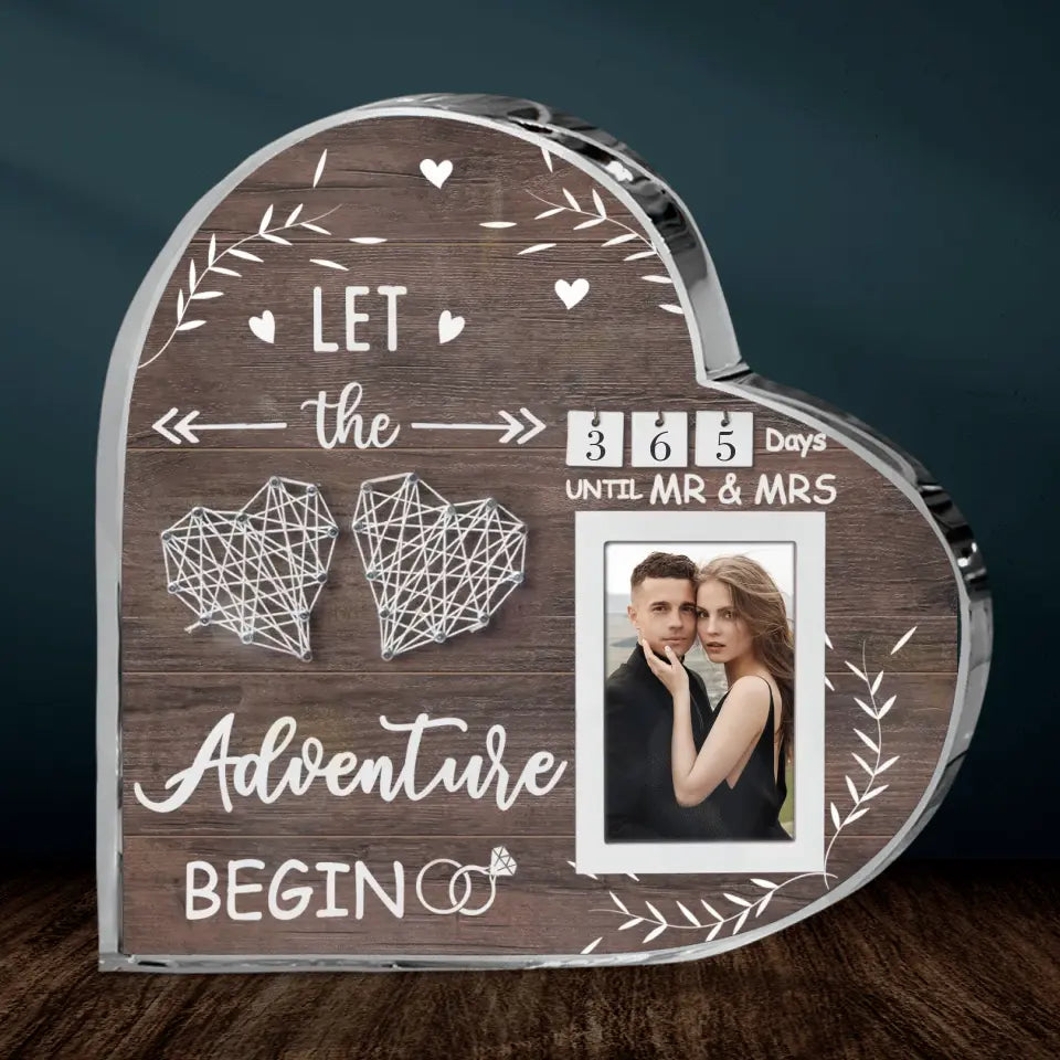 Personalized Wedding Countdown Calendar Crystal Heart - Upload Photo - Engagement Gifts For Couples Newly Engaged - Let's The Adventure Begin