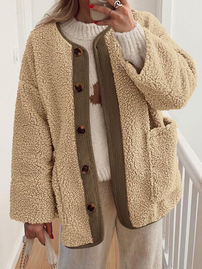 Women's Cozy Sherpa Fleece Button Up Jacket with Functional Pockets