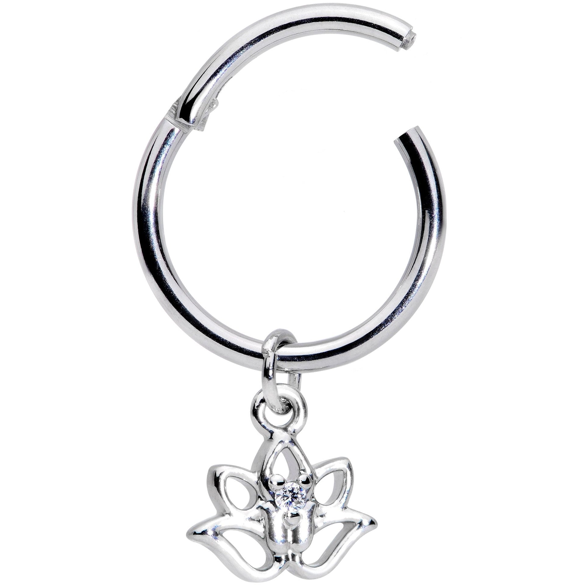 16G 3/8 Clear CZ Gem Lotus Flower Dangle Hinged Segment Ring