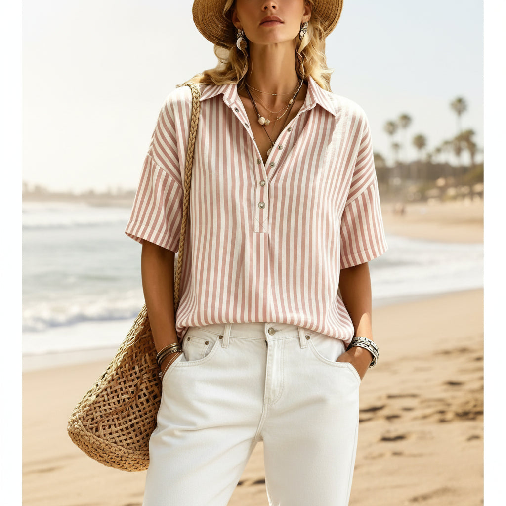 Women's Striped Short-Sleeve Cotton Shirt with Turn-Down Collar