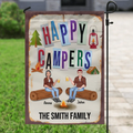 Personalized Happy Campers garden flag featuring a couple sitting on logs by a fire with custom family name