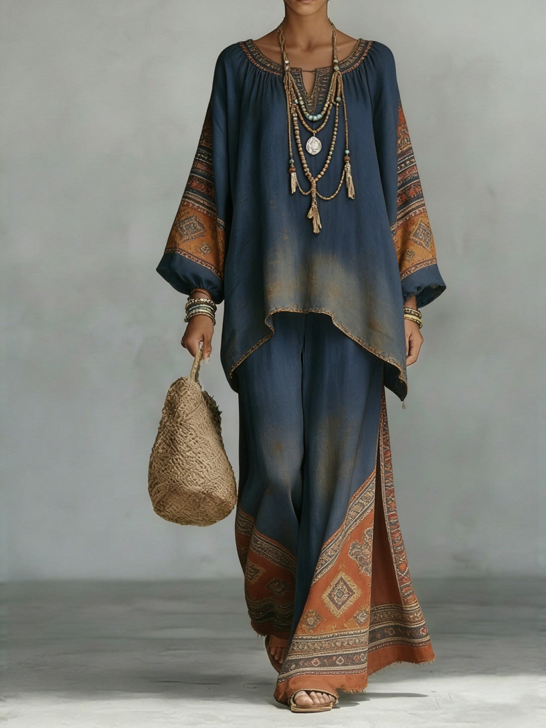 Women's Bohemian Printed Long Sleeve Top and Wide Leg Pant Set