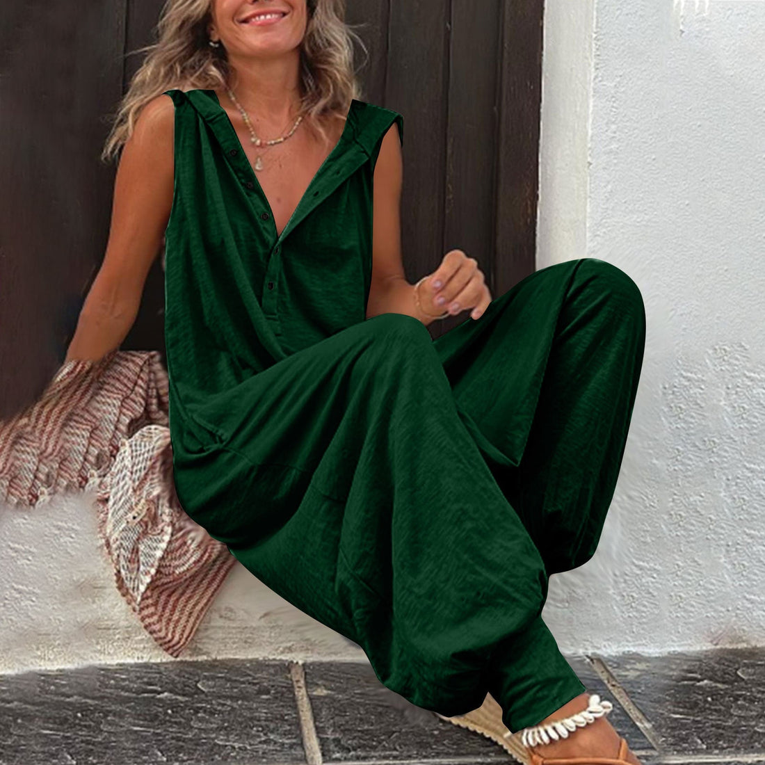 Women's Sleeveless Hooded Relaxed Fit Jumpsuit One-Piece Romper - Image 7