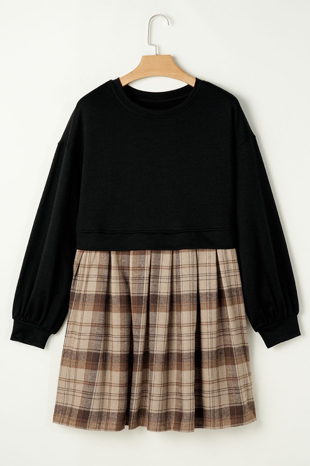 Vintage Plaid Long Sleeve Mini Dress with Round Neck