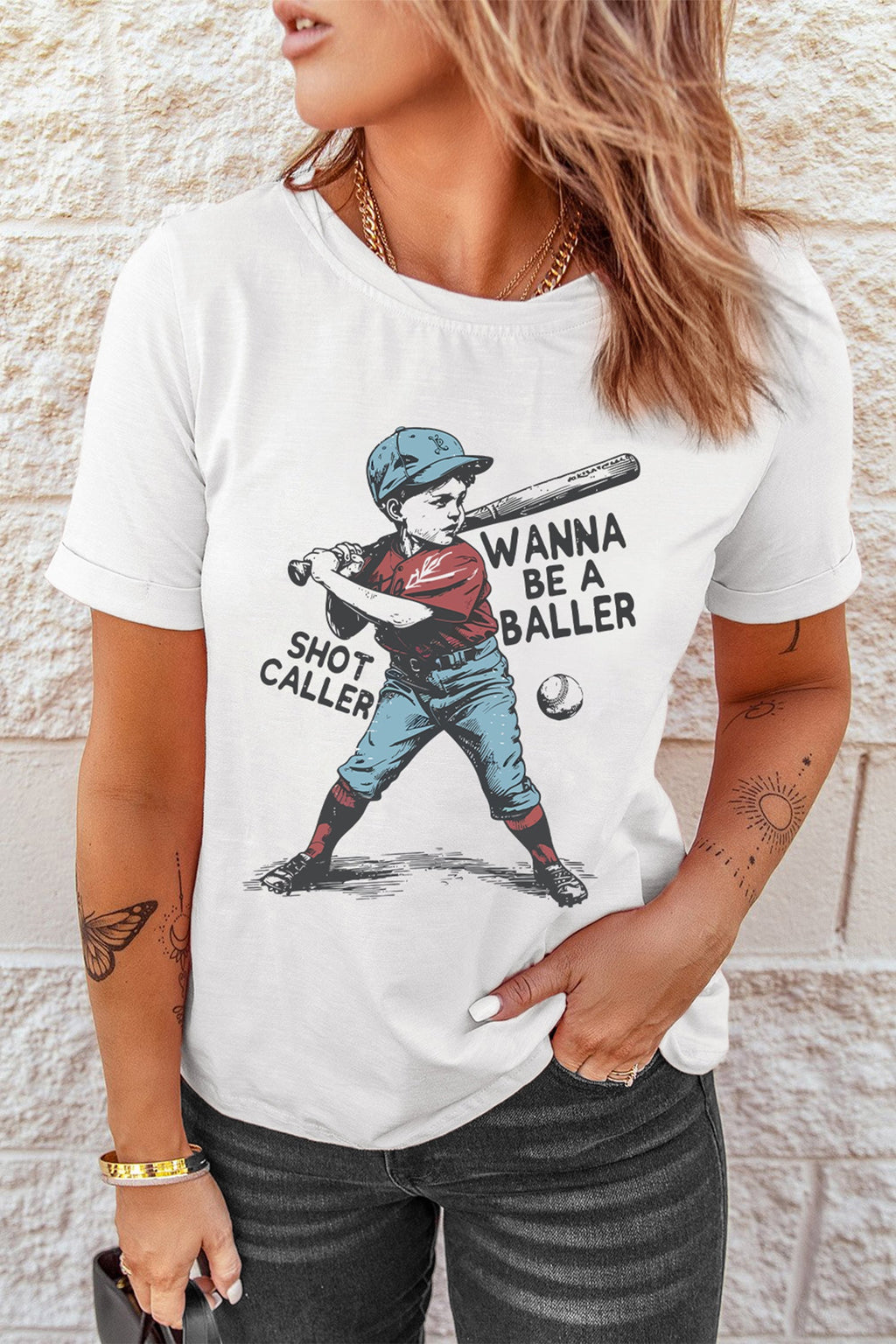 White SHOT CALLER WANNA BE A BALLER Graphic Casual Tee