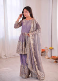 Lavender Fendy Satin Kurta and Palazzo set with intricate mirror and sequin embroidery.