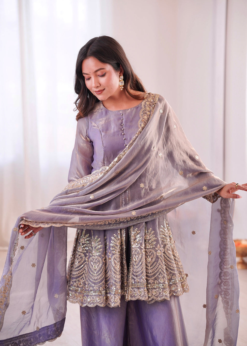Lavender Fendy Satin Kurta Palazzo Set with Mirror and Sequins