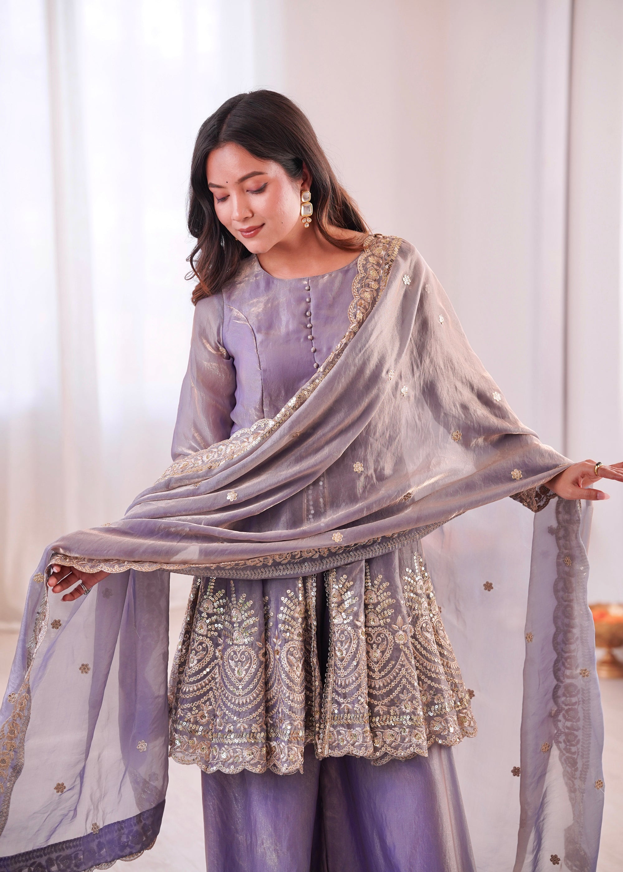Lavender Fendy Satin Kurta Palazzo Set with Mirror and Sequins
