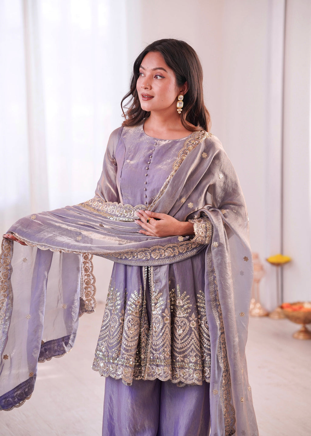 Lavender Fendy Satin Kurta Palazzo Set with Mirror and Sequins