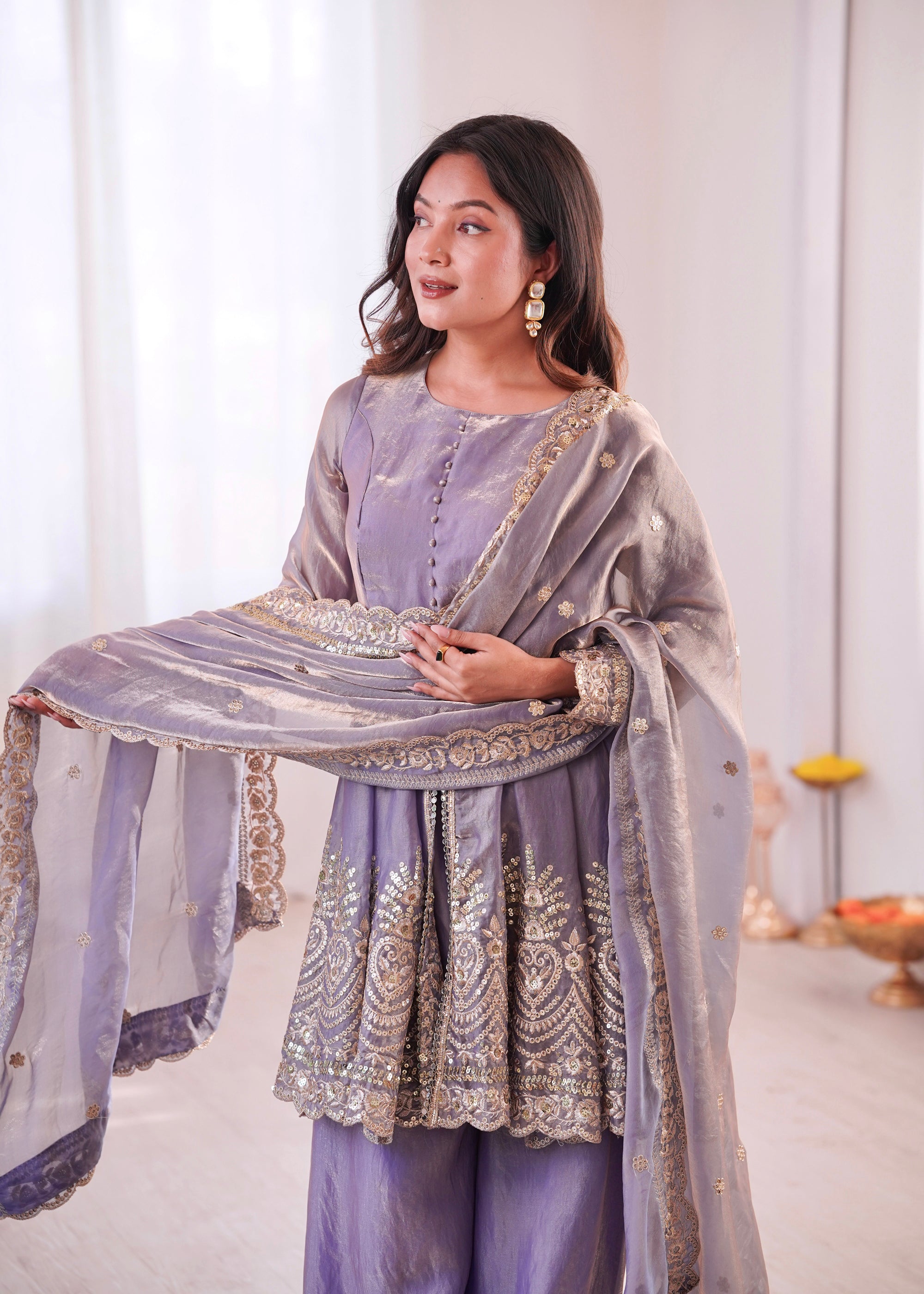 Lavender Fendy Satin Kurta Palazzo Set with Mirror and Sequins