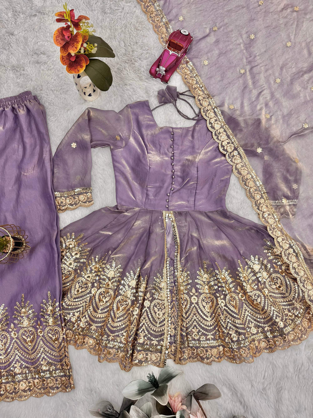 Lavender Fendy Satin Kurta Palazzo Set with Mirror and Sequins