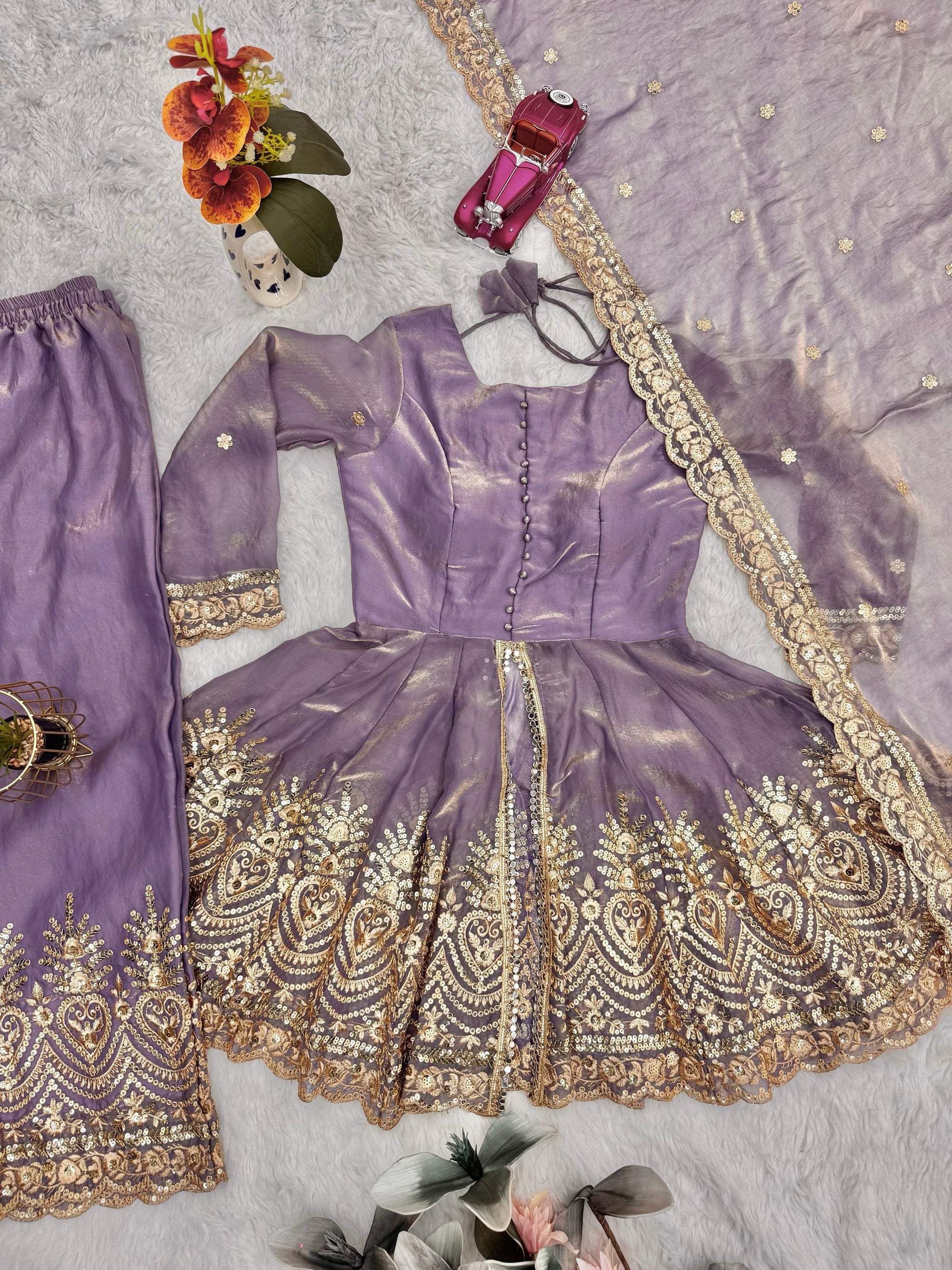 Lavender Fendy Satin Kurta Palazzo Set with Mirror and Sequins