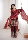 Maroon Fendy Satin Kurta Palazzo Set with Mirror and Sequin Work