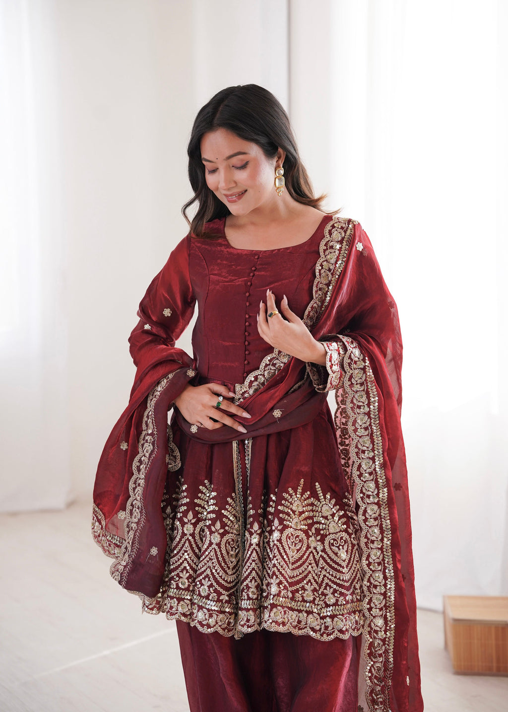 Maroon Fendy Satin Kurta Palazzo Set with Mirror and Sequin Work
