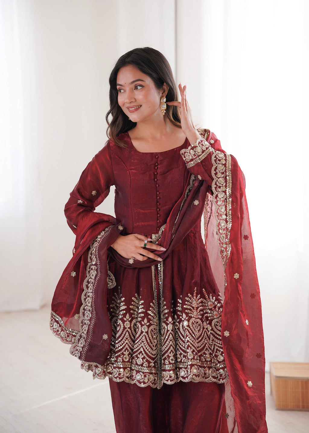 Maroon Fendy Satin Kurta Palazzo Set with Mirror and Sequin Work