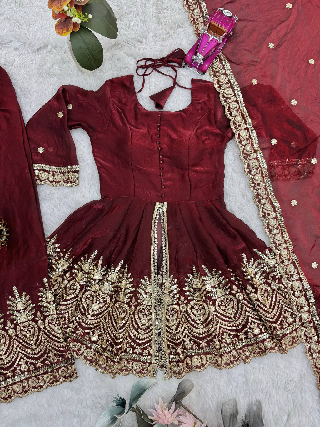 Maroon Fendy Satin Kurta Palazzo Set with Mirror and Sequin Work